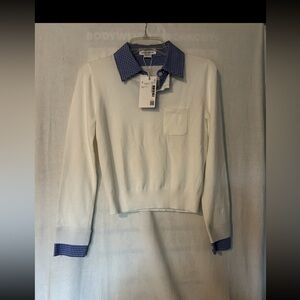 Women's White Sweater with Blue Accents